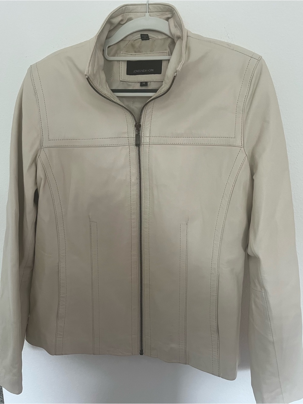 Jones New York Light Cream Leather Zip-Front Jacket